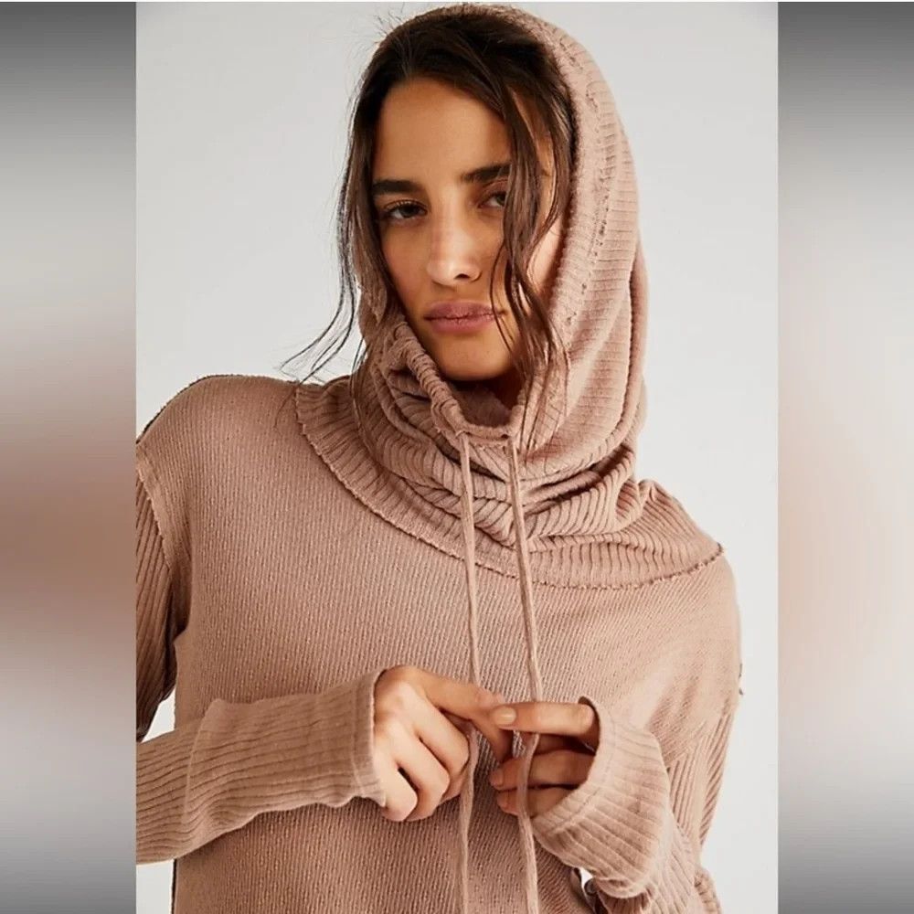 WE THE FREE PEOPLE Tan Hot Pepper Cowl Neck Top Long Sleeve Ribbed Knit SIZE XS